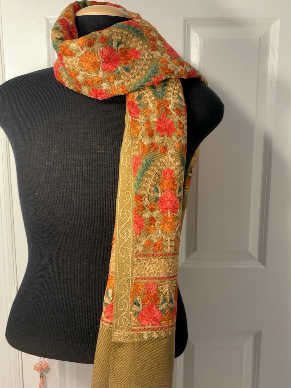 Sadhana Fancy Stole Olive Gold Floral Embroidered Shawl Wrap